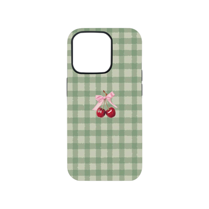 Sage Green Gingham Cherry & Bow Phone Case.